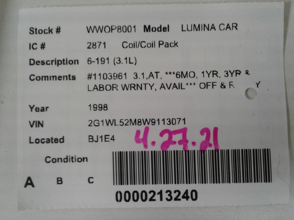 Bobina de encendido usada se adapta a: auto Chevrolet Lumina 1998 6-173 2,8 grado A Foto 3 de 4
