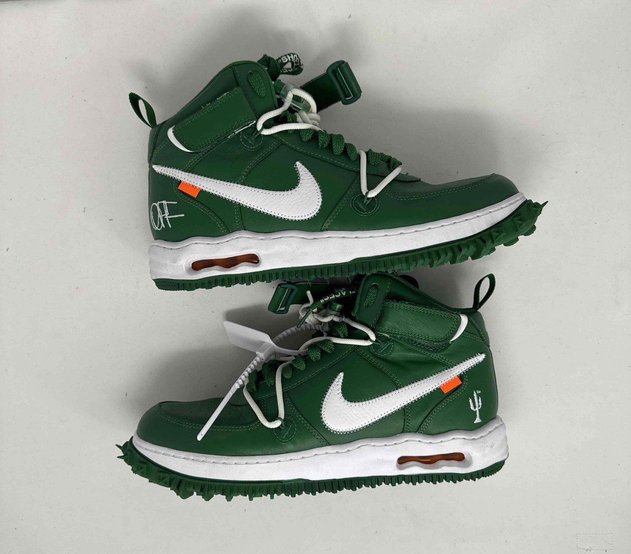 Off White x Nike Air Force 1 Mid SP pelle 'verde pino' taglia 11 5 usate