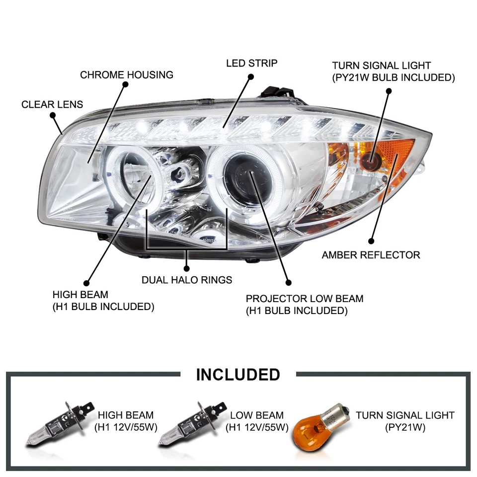 Fits 2007-2013 BMW E81 E82 E88 E87 LED Strip Dual Halo Projector Headlights Pair - Изображение 3 из 4