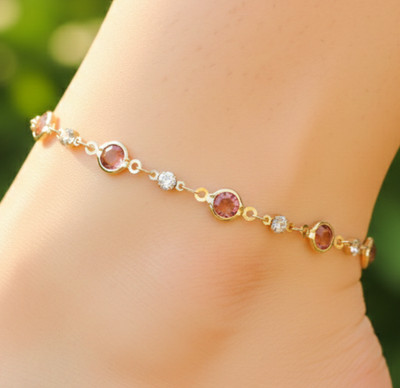 Handmade 18K Gold Plated Minimalist Chain Anklet for Women with Tourmaline Pink