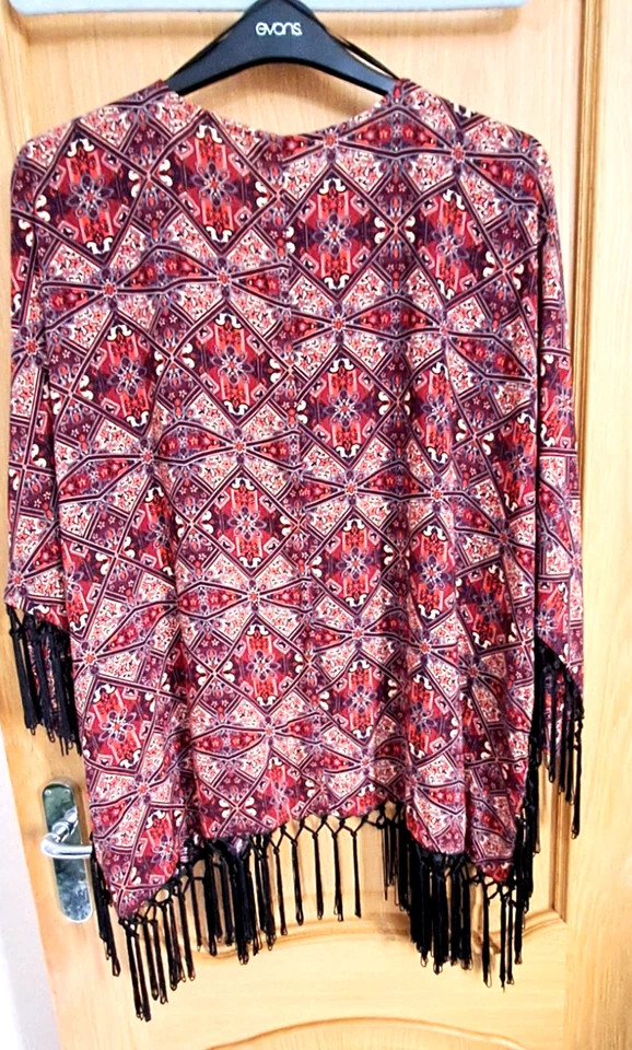 New Look Orange Mix Kimono Style Top Long Black Fringe to Hem & Sleeves Size 18 - Image 4 of 4