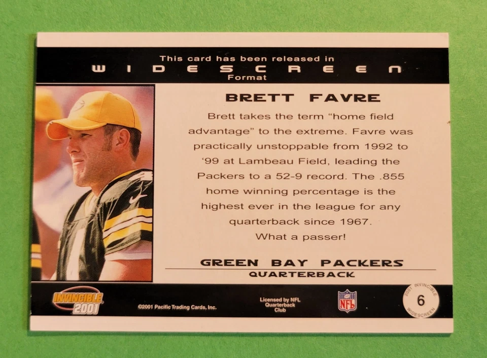 Brett Favre 2001 Pacific Invincible Widescreen #6 SP 2070 /2500 Packers HOF - Image 2 of 2