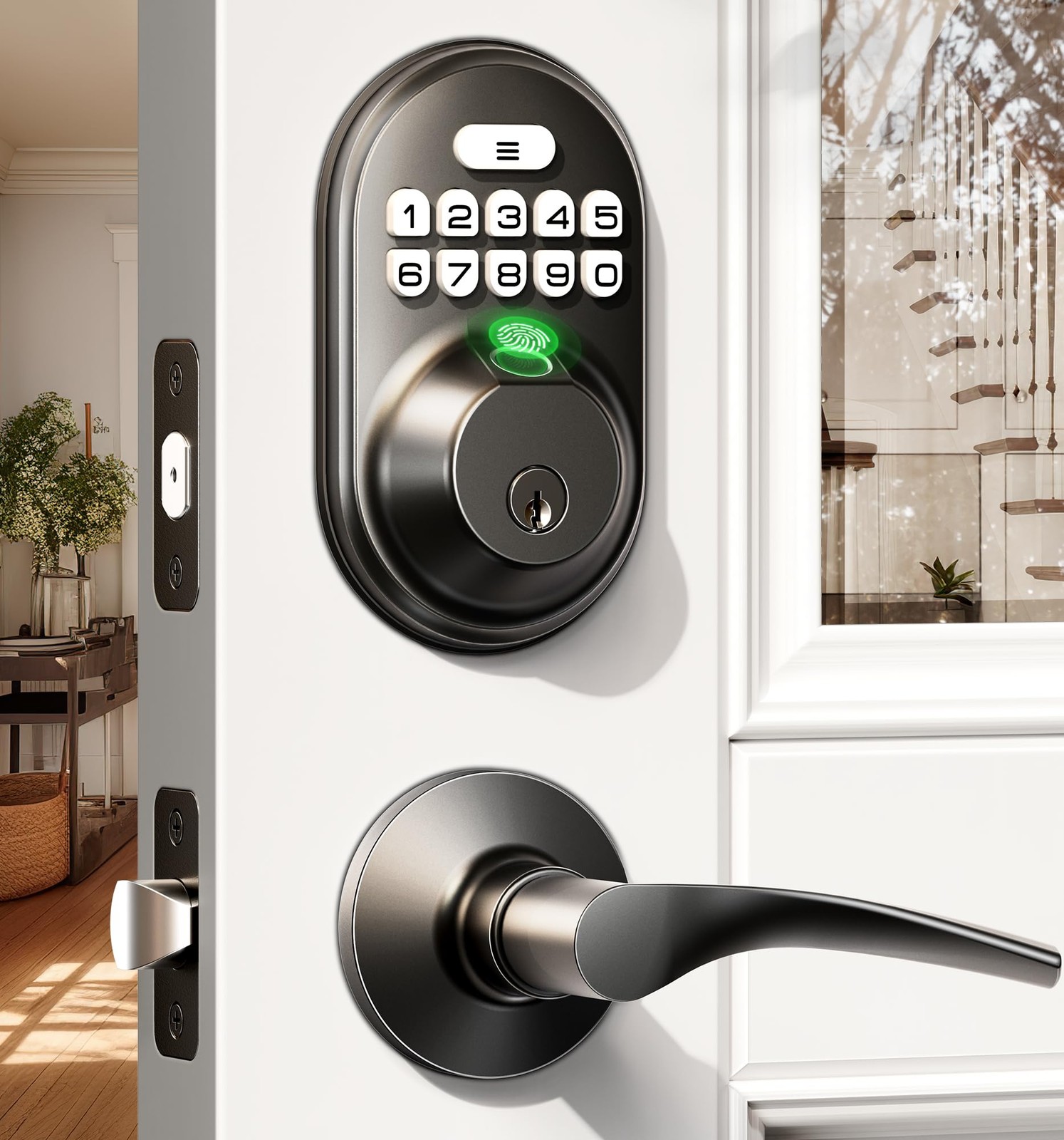 Fingerprint Door Lock with 2 Lever Handles, Keyless Entry Keypad Electronic D...