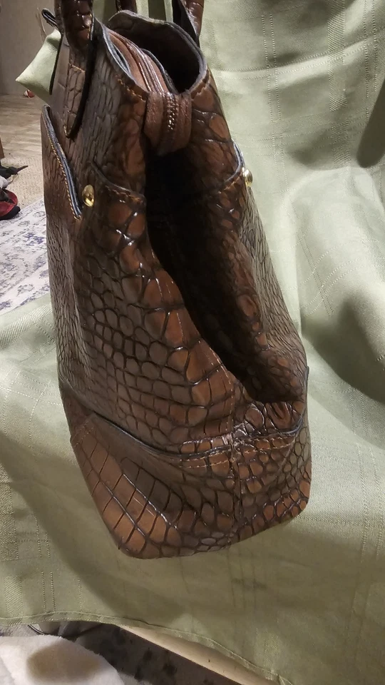 London Fog Womens Shoulder Bag Brown Faux Leather Croc Print Multi Pocket Tote - Image 3 of 4