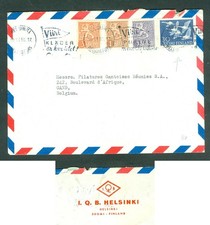 Finland. 1956 Cover Air Commercial. 3 x Lion1-3-5m. + Sc# 344 Swan. Adr: Belgium