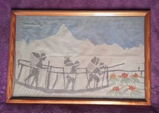 Batik Himalayan Art. Figures on a Bridge. Nepalese Art. Vintage.