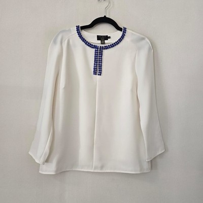 Ted Baker Gillda XL White Blouse Blue Crystal Embellished Neckline Long Sleeve
