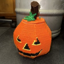 Vintage Hand Stitched Plastic Canvas Halloween Pumpkin Candy Dish Decor Finished