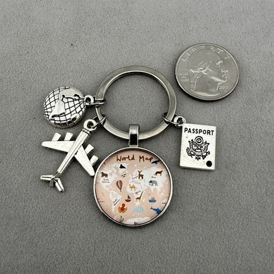 World Map Airplane Globe Password Traveler Charm Silver Keychain Key Ring #62696