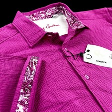 Robert Graham Solid Paisley Short Sleeve Seersucker Stretch Sport Shirt XL