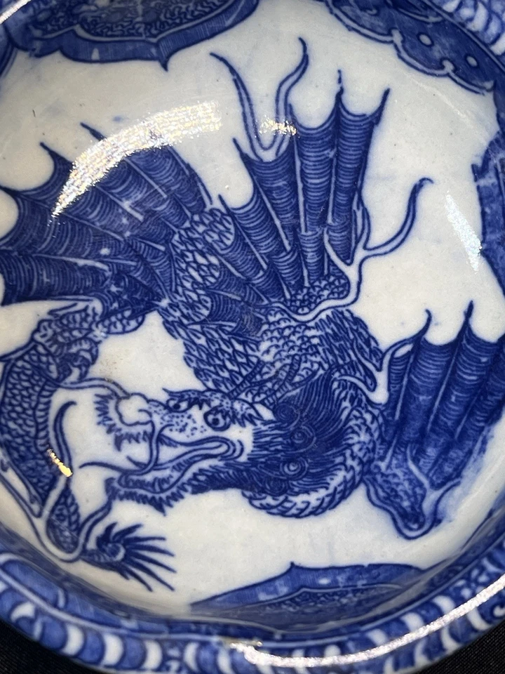 "Antiguo cuenco chino dragón azul y blanco 4,5 x 1,5""" Foto 3 de 4