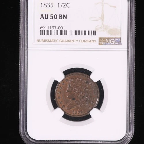 1835 CLASSIC LIBERTY HEAD HALF CENT CERTIFIED NGC AU 50 BN ALMOST UNCIRCULATED