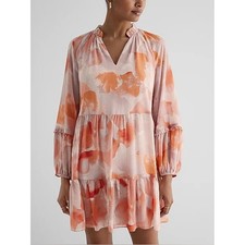Express Floral Ruffle Neck Tiered Mini Shift Dress Pink Orange NWT Size XS