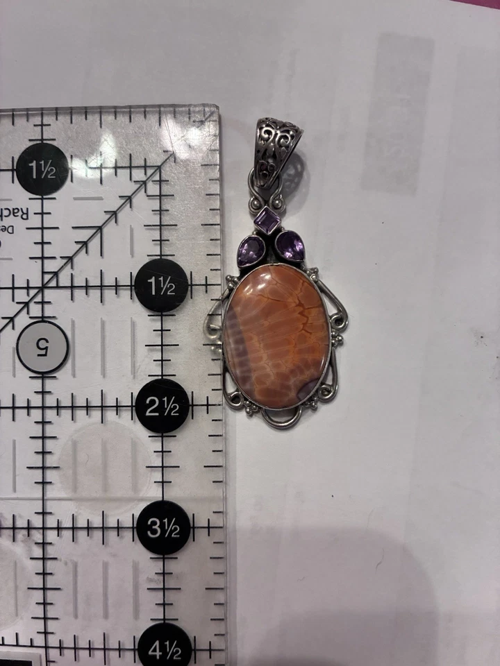 "Colgante vintage de ágata naranja y amatista de 2,5"" marca de plata 925" Foto 2 de 4