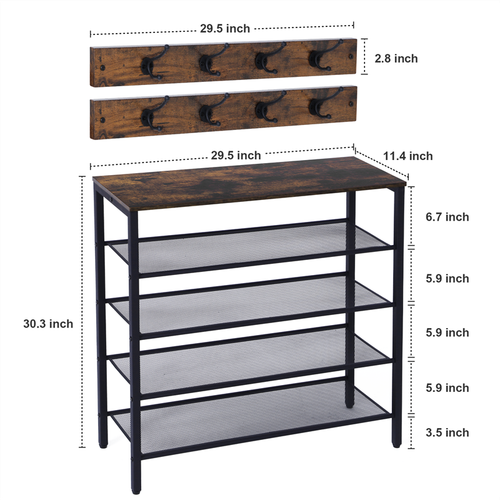 4-tier Shoe Rack With Grid Rack Wooden Rustic Foyer Shoe Rack With Coat Hook, Su - Picture 4 of 5