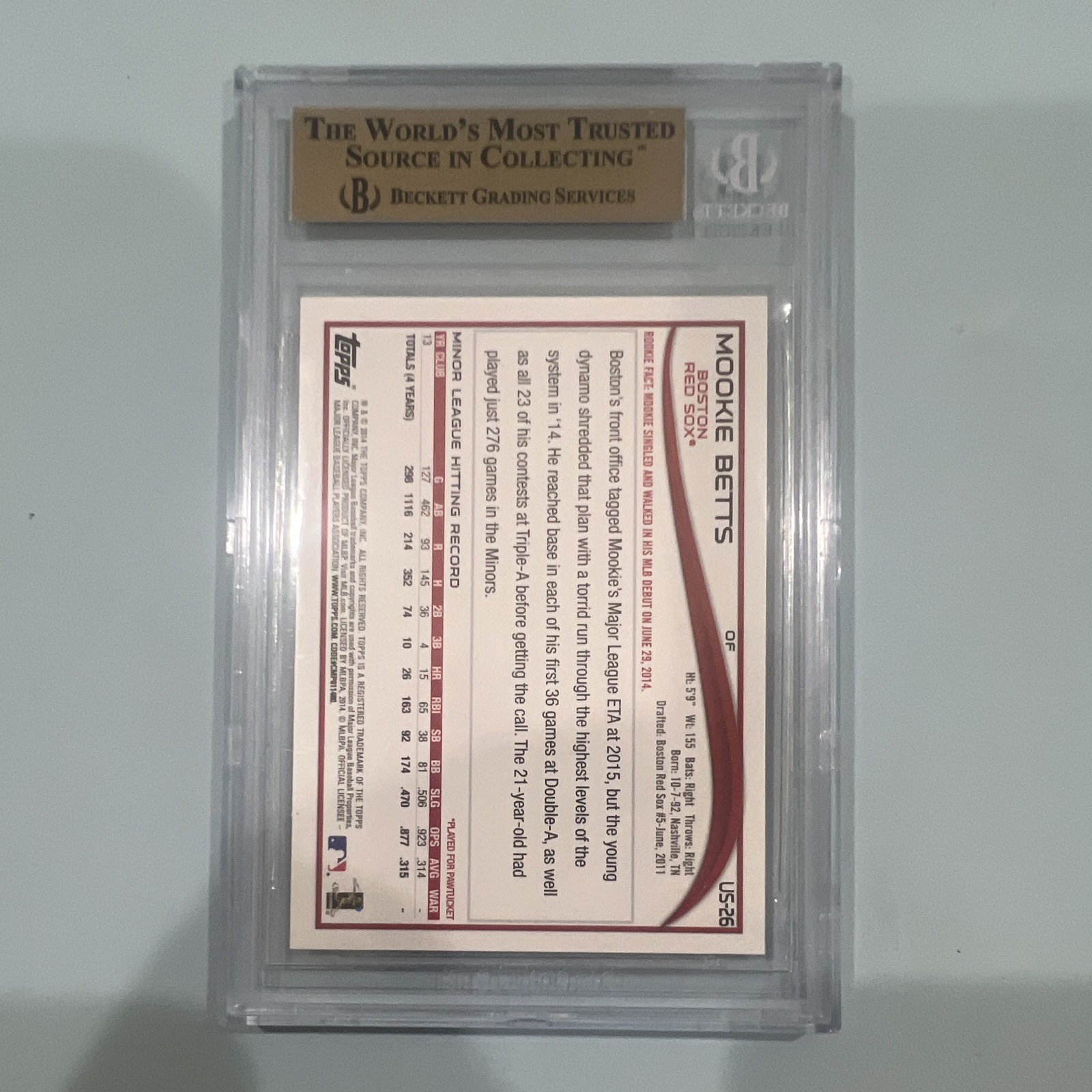 Topps 2014 Update Series Mookie Betts Batting RC #US-26 Red Sox BGS 9.5 view 2