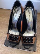 Karen Millen Women's High Heel Platform Peep-Toe Shoes Size UK 5 Black/ Tan Leat