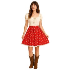 VINTAGE 1970s Handmade Red Calico Prairie Skirt Boho Festival Lace Hem