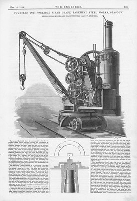 Vierzehn Tonnen tragbarer Dampfkran im Parkhead Stahlwerk antiker Druck 1884