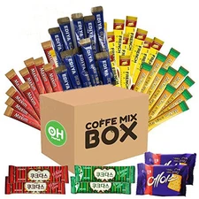 Korean Instant Coffee Mix Variety 40 Sticks with Snack, 4 Different Flavors (10 