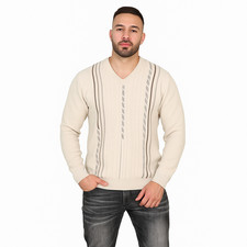 New Mens V Neck Jumper Long Sleeve Knitted Top Soft New Pullover Sweater Stripe