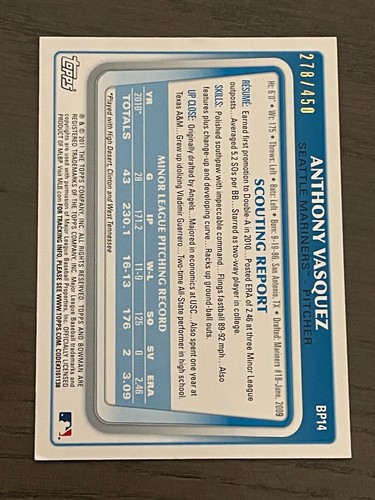 2011 Bowman Prospects Green Anthony Vasquez #BP14 Seattle Mariners /450 - Picture 2 of 2