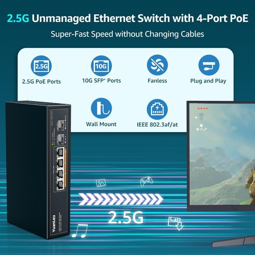 6 Port 2.5G PoE Switch Non Géré 4 Ports PoE 25G Base-T 2 x 10G SFP 802.3af/at... - Photo 2/7