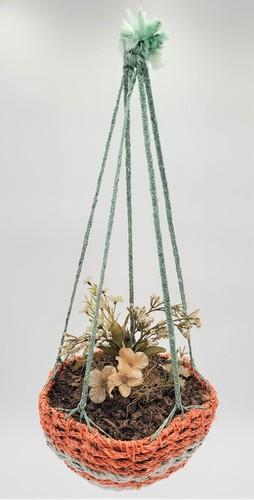 Handwoven Eco-Art Hanging Pot - Orange & White Strips - Picture 3 of 6