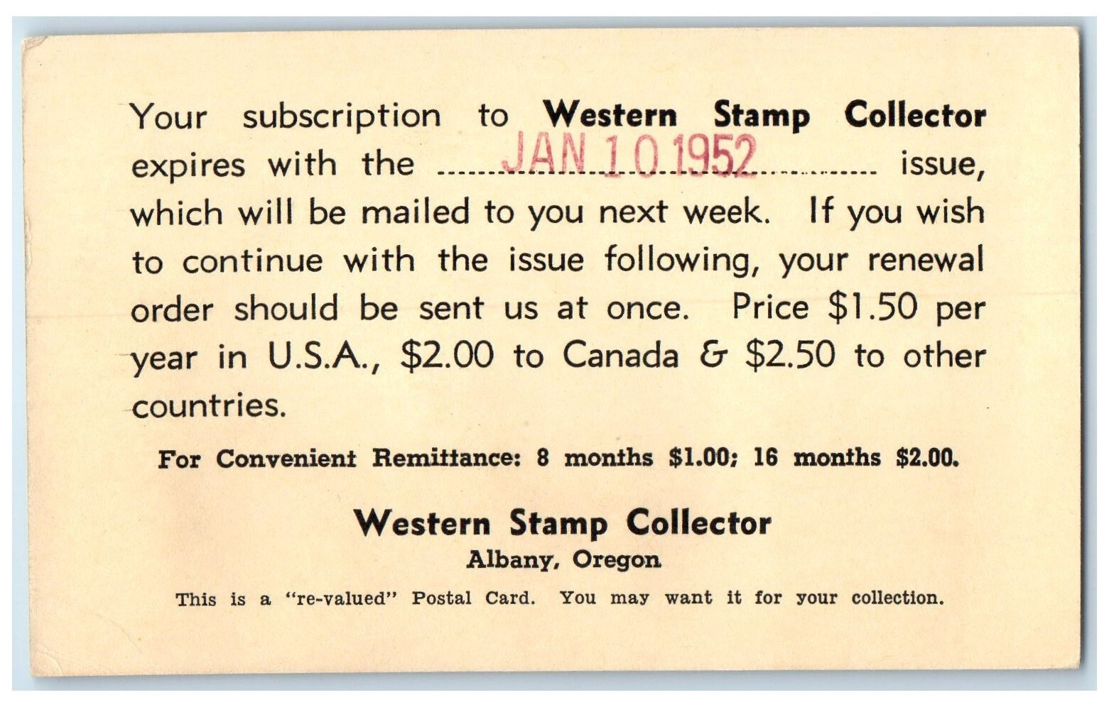 1953 Subscription to Western Stamp Collector Albany Oregon OR Postal Card-image