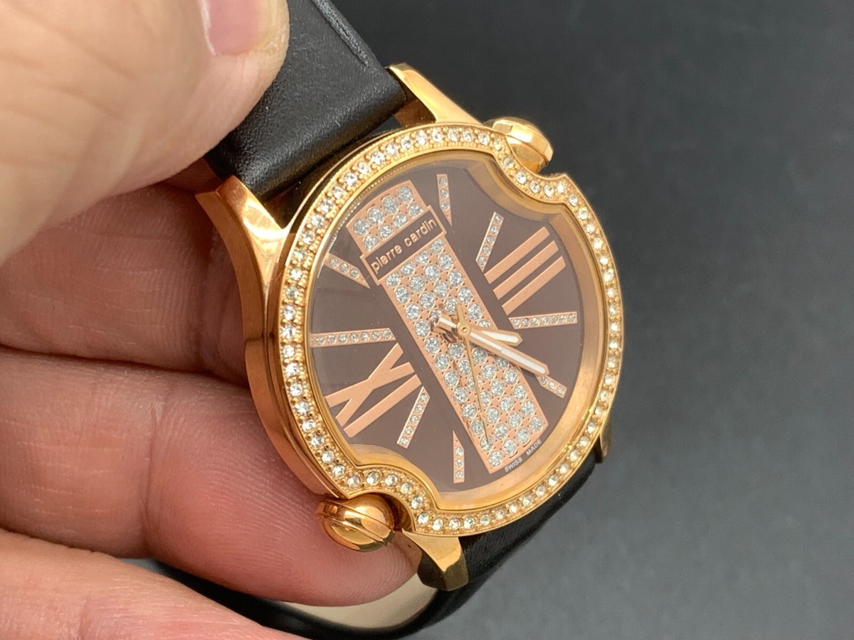 PIERRE CARDIN crystal/Brown Dial Black Leather Strap 3ATM S/S QUARTZ WOMEN  WATCH