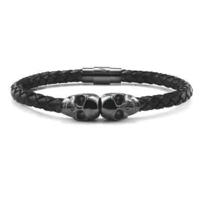 SkeletonHD CHROME Skull BLACK Leather Bracelet, (8.5'' Length), Magnetic Closure