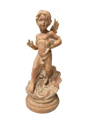 Vtg Chrisdon Cherub Angel Boy Brown Realistic Resin Signed Sculpture Statue 21 h