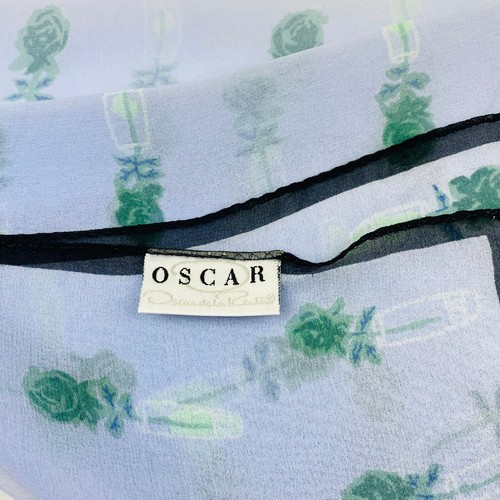 Bufanda de seda vintage Oscar de la Renta azul verde patrón floral cuadrado transparente - Imagen 6 de 9