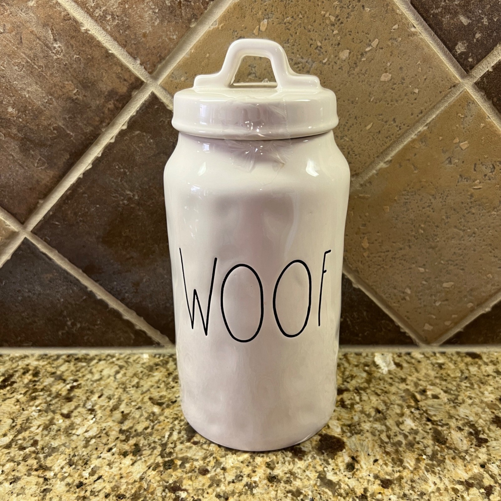 Rae Dunn WOOF Dog Treat Ceramic Canister Jar By Magenta 10 inches with