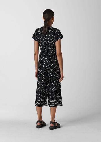 Whistles Kuba Print Etta Linen Jumpsuit UK 12 Black White RRP 169 Wrap Tie Waist - Picture 3 of 12