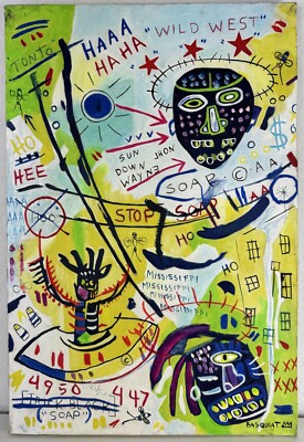 Jean-Michel Basquiat (Handmade) Oil On Canvas Signed & Stamped Painting,Vtg Art