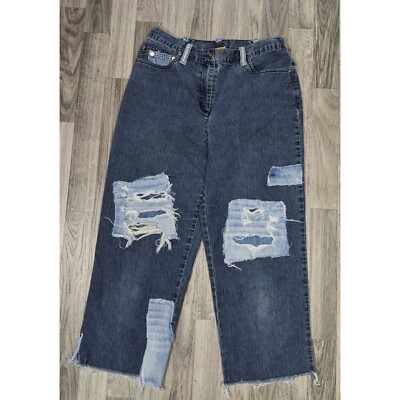 Ruby Rd Womens Size 8 Distressed Patchwork Cropped Denim Blue Jeans Capris