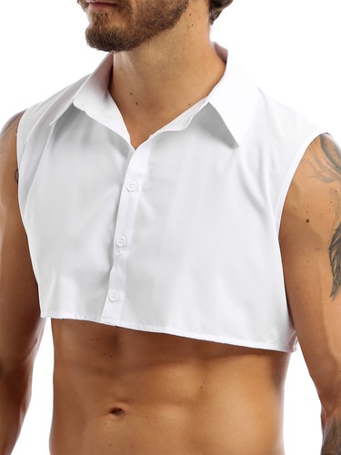 Herren Crop Top Halb Bluse Ärmellos Hemd Choker Kragen Fake Oberteile Mode Vest - Picture 9 of 46