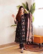 Salwar Suit Set For Women,Black Floral Embroidered, 3-Piece with Printed Dupatta