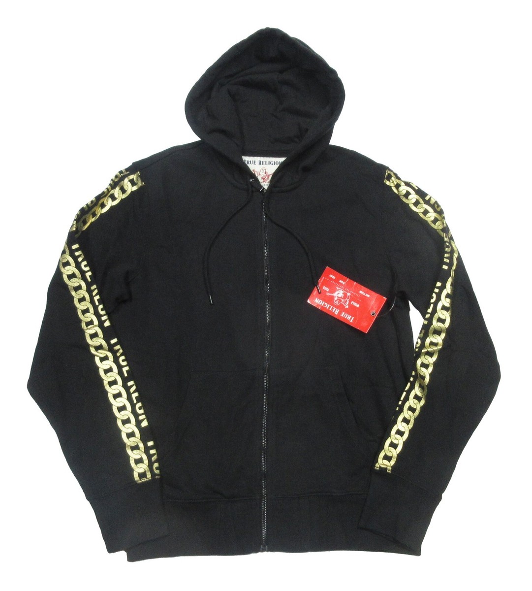 True Religion Men's Black Metallic Gold Chain Logo Full Zip Hoodie
