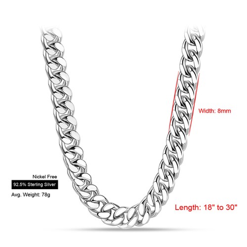 925 Sterling Silver Italy Curb Chain Cuban Link Chain Necklace 8mm for Men Women - Picture 21 of 25