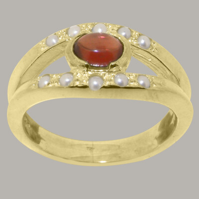 9ct Yellow Gold Natural Garnet Full Pearl Womens Band Ring - Sizes J to Z