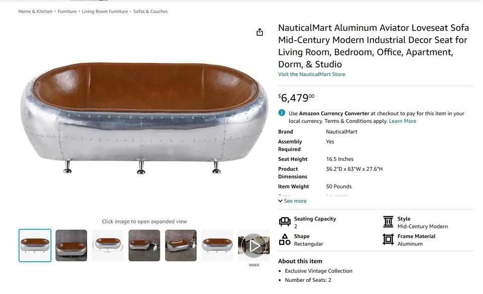 SOFÁ DE DOIS LUGARES ESTILO AVIADOR SUPER LEGAL MARTELADO À MÃO ALUMÍNIO E COURO MARROM - Imagem 3 de 4