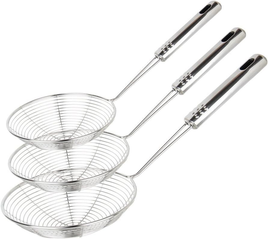 Set of 3 Asian Spider Ladles Skimmer Spoons with Handles for Kitchen