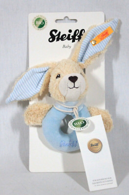 RARE! STEIFF ORIGINAL RABBIT BABY BLUE SAFE TEETHING RING W/ RATTLE NEW ON CARD