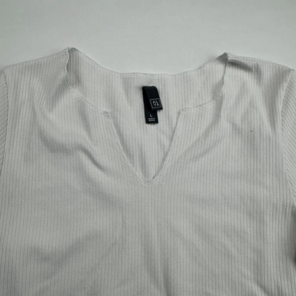 ALYA Blanco Recortado Manga Larga Top Acanalado Cuello Dividido Camiseta Top Blusa Talla L Foto 3 de 4