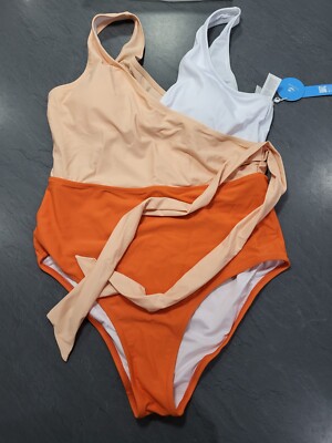Cupshe Einteiler Wickel Badeanzug, Orange & Weiß Größe XL Neu mit Etikett