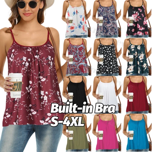 Women Built-in Bra Casual Pleated Basic Tank Tops Summer Blouse Spaghetti Strap - Bild 1 von 42