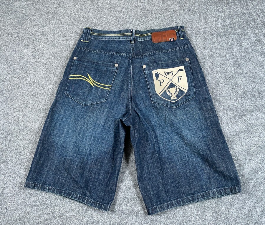 VTG Y2K Streetwear Jean Shorts Men's 34 Blue Denim Yellow