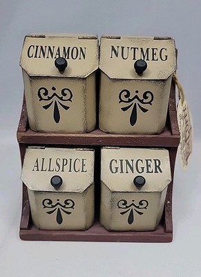 VINTAGE COLLECTIBLE TIN SPICE BOXES & WOOD RACK WITH METAL CONTAINERS DECORATIVE